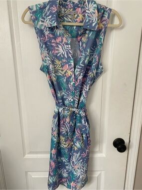 5th & Ocean Sleeveless Blue Floral Tie-Waist Shirt Dress